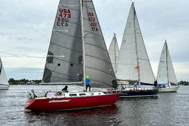 The Image of Sailboats racing on water, featuring a 1977 Peterson 34 Sloop. - 0