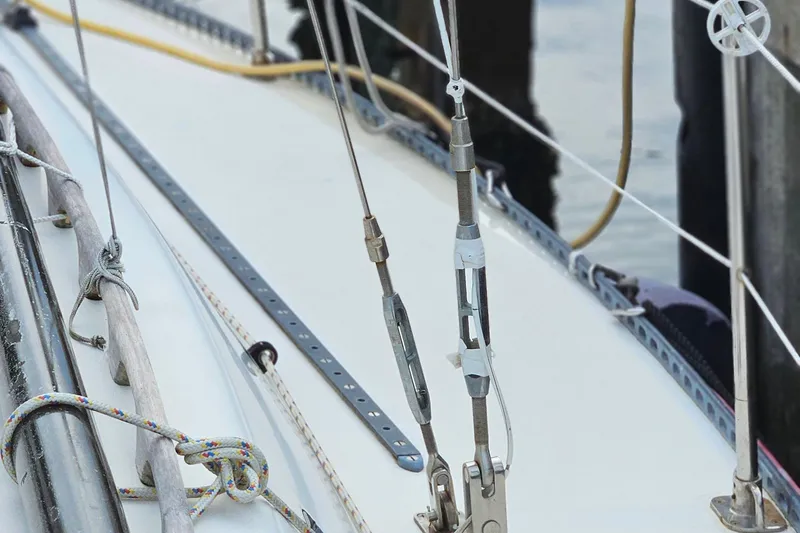Slide: The Image of Close-up of rigging on a 1977 Peterson 34 Sloop sailboat. - 10