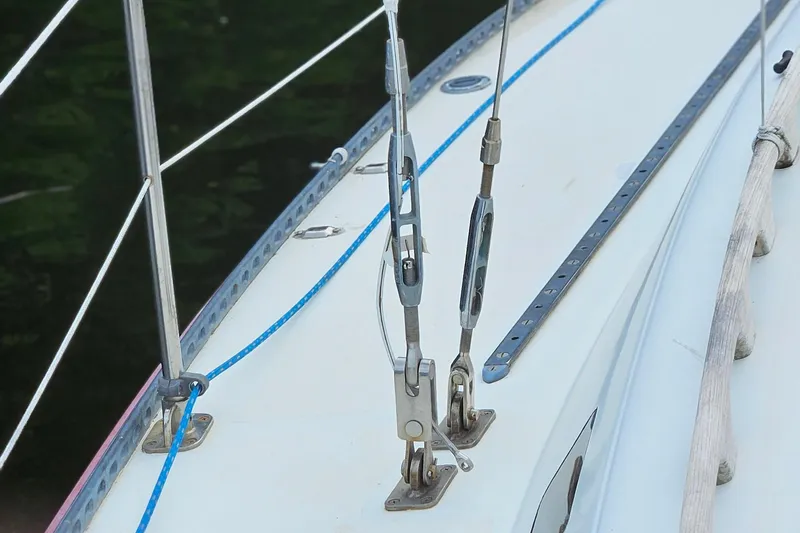 Slide: The Image of Close-up of 1977 Peterson 34 Sloop deck rigging and fittings. - 11