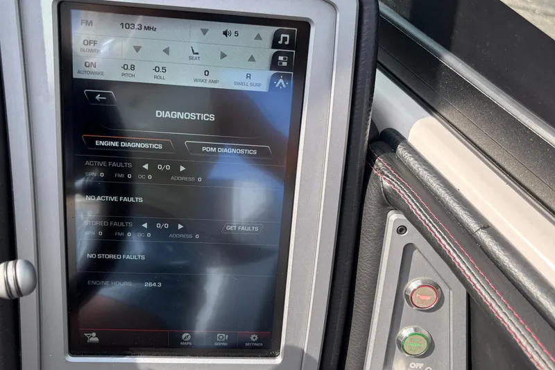 Slide: The Image of Touchscreen diagnostics display in a 2019 Supra SL 450, showing no active or stored faults. - 31