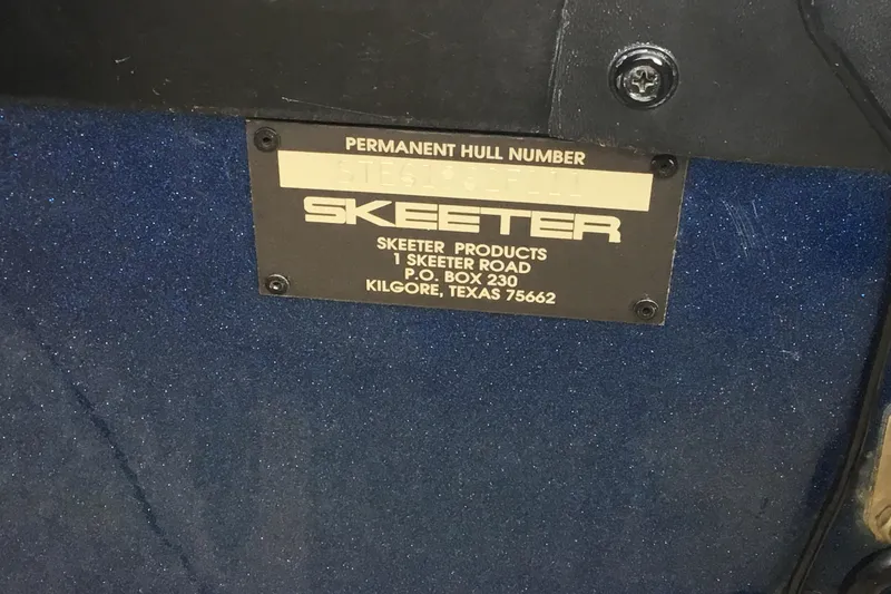 Slide: The Image of Plaque displaying Skeeter SL190 hull number and address, Kilgore, Texas. - 12