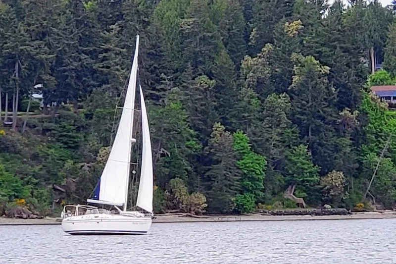 Slide: The Image of Sailboat Hunter 49 (2008) cruising near lush forested shoreline. - 12