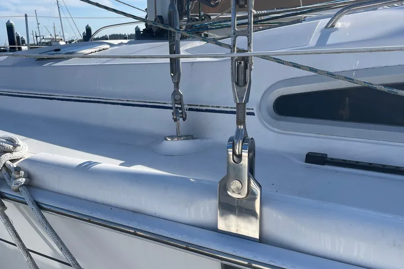 Slide: The Image of Close-up of 2008 Hunter 49 sailboat rigging and deck details. - 16