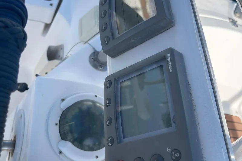 Slide: The Image of Close-up of Raymarine navigation instruments on a 2008 Hunter 49 sailboat. - 64