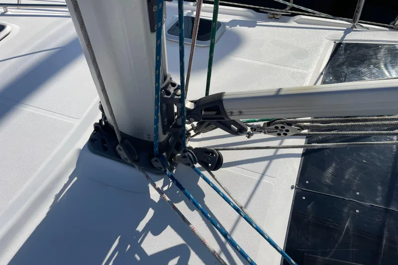 Slide: The Image of Deck view of a 2008 Hunter 49 sailboat, showing mast and rigging details. - 66