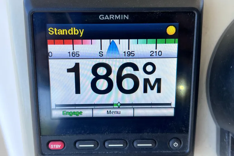 Slide: The Image of Garmin marine display showing 186 meters on Everglades 360LXC, 2017 model. - 53