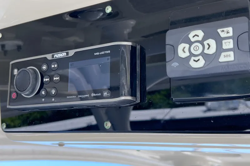 Slide: The Image of Fusion MS-UD755 stereo system on 2017 Everglades 360LXC boat dashboard. - 55
