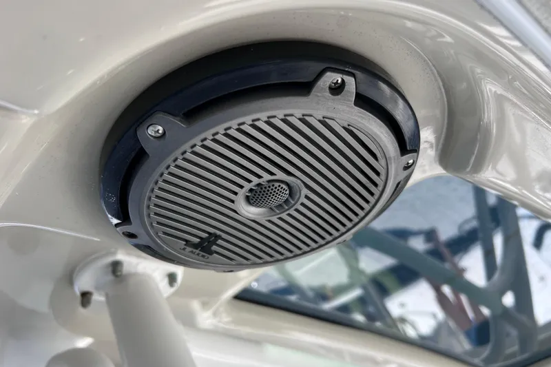 Slide: The Image of Speaker on 2017 Everglades 360LXC boat, close-up view. - 61