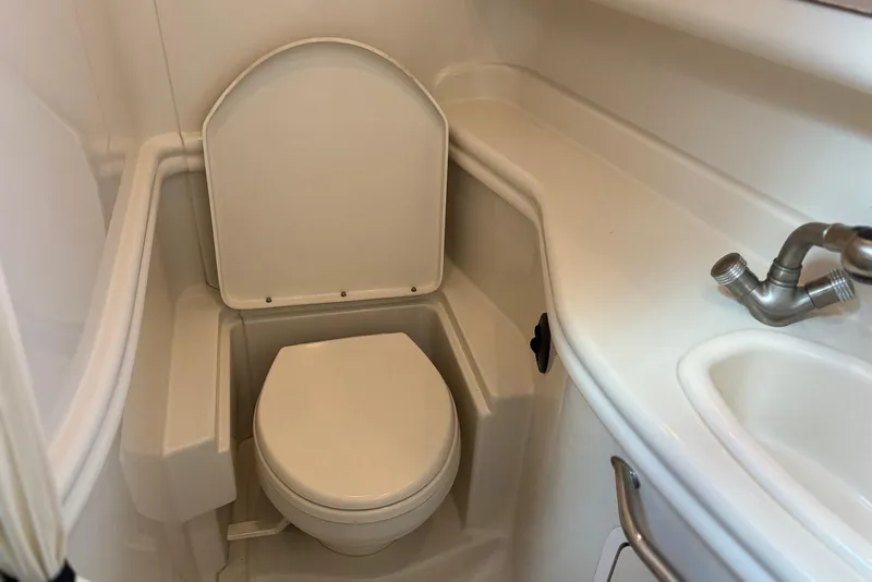 Slide: The Image of 2007 Sea Ray 340 Sundancer bathroom with toilet and sink. - 32