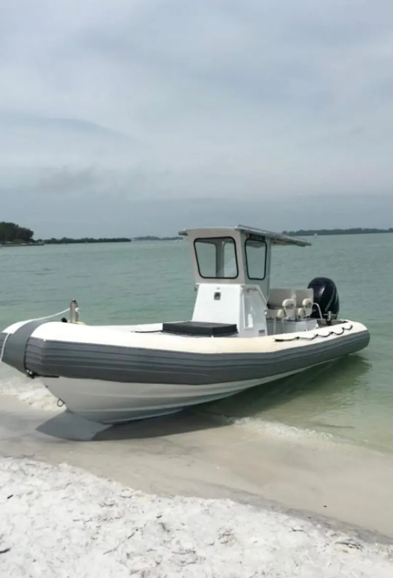 The Image of 2001 Willard 25 boat beached on a sandy shore with calm waters. - 0