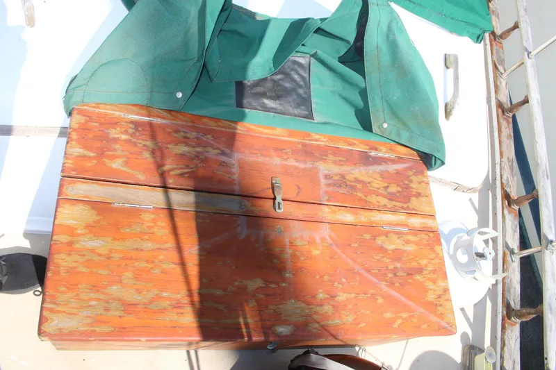 Slide: The Image of Weathered wooden hatch on 1981 Hardin 45 Voyager sailboat deck. - 11