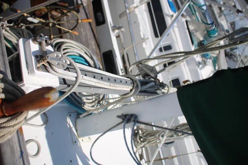 Slide: The Image of Close-up of 1981 Hardin 45 Voyager sailboat rigging and deck details. - 13