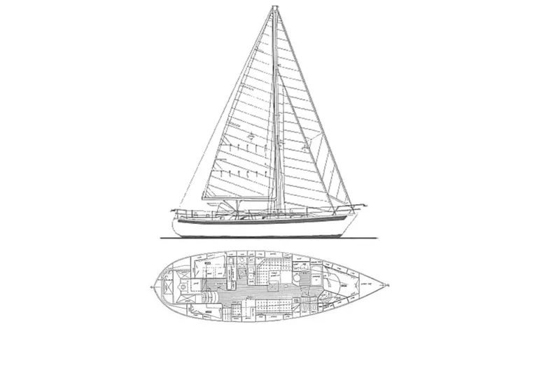 Slide: The Image of Blueprint of 1986 Passport 42 sailboat, side and top views, detailed layout. - 39