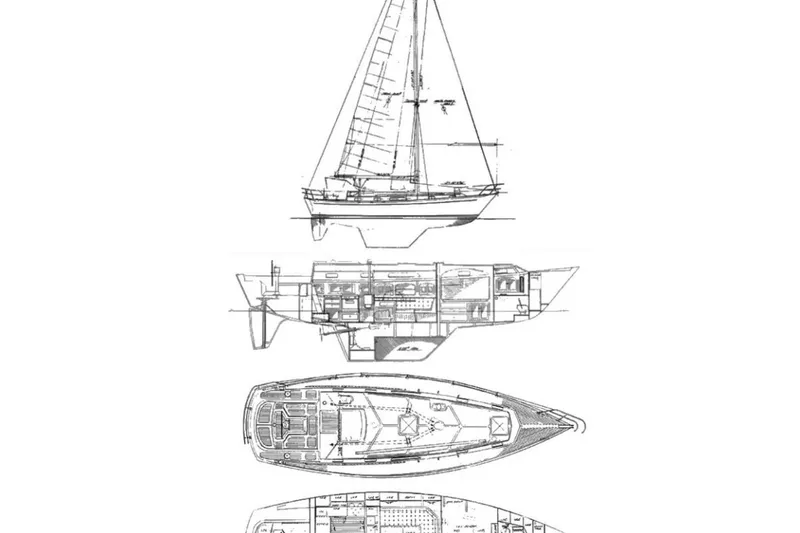 Slide: The Image of Blueprint of 1986 Passport 42 sailboat, showcasing side and top views with detailed interior layout. - 40