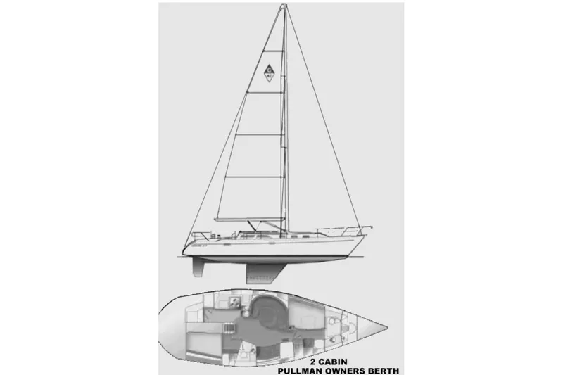 Slide: The Image of 2003 Catalina 42 MkII sailboat diagram with two-cabin layout and Pullman owner's berth. - 13