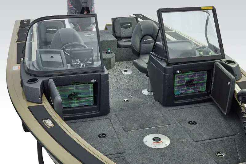 Slide: The Image of 2026 Tracker Targa V-19 Combo boat interior with swivel seat and dual windshields. - 17
