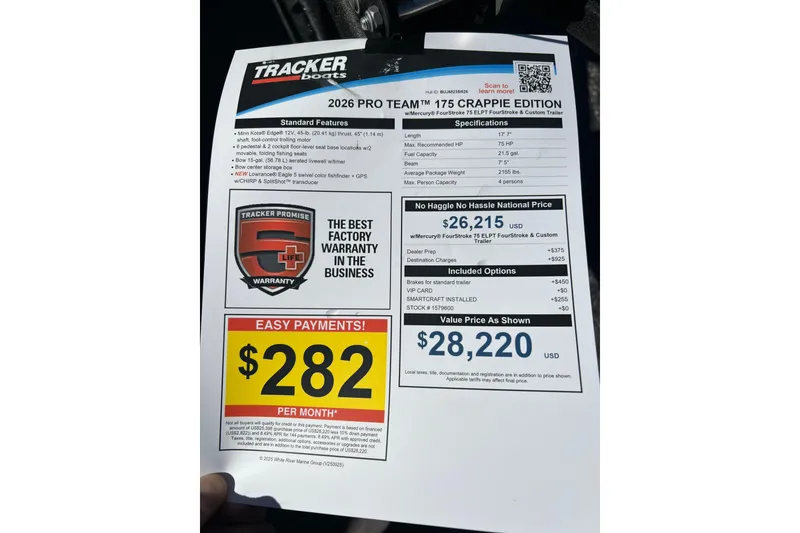 Slide: The Image of 2026 Tracker Pro Team 175 Crappie Edition boat features and pricing details. - 10