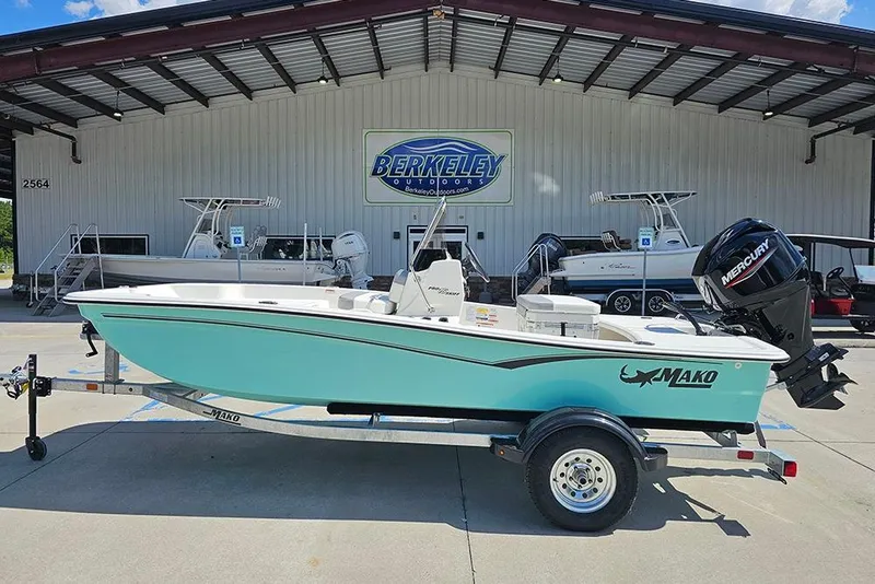 The Image of 2026 Mako Pro Skiff 15 CC boat on trailer at Berkeley Outdoors dealership. - 1