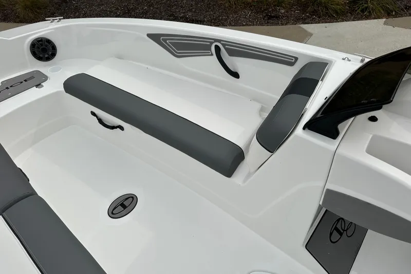 Slide: The Image of 2026 Tahoe T21 boat interior with gray seating and modern design. - 6
