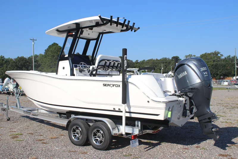 Slide: The Image of 2026 Sea Fox 248 Commander boat on trailer with Yamaha 300 V6 engine. - 5