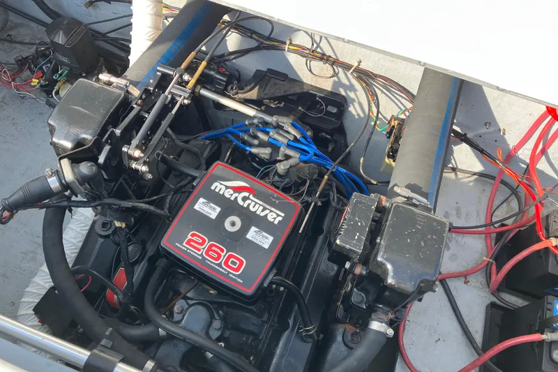 Slide: The Image of Engine compartment of a 1983 Chris-Craft 230 Scorpion with MerCruiser 260 engine. - 19