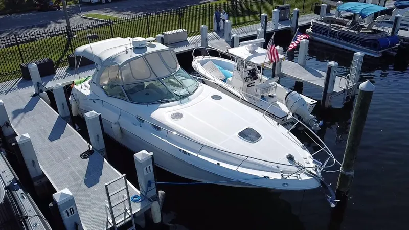 Slide: The Image of 2006 Sea Ray 340 Sundancer docked at marina, aerial view. - 17