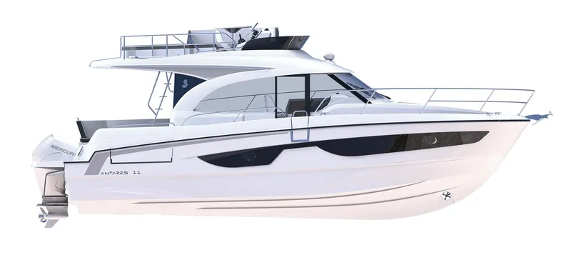 Slide: The Image of 2025 Beneteau Antares 11 Fly yacht, side view, sleek design, white exterior. - 12