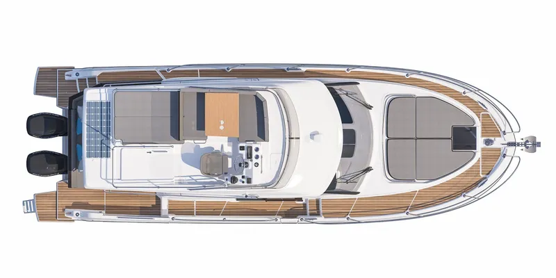 Slide: The Image of 2025 Beneteau Antares 11 Fly yacht, top view, showcasing sleek design and spacious deck layout. - 13