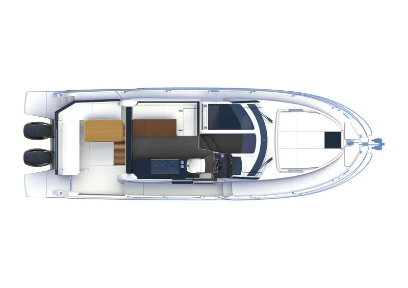 Slide: The Image of 2025 Beneteau Antares 11 Fly top view layout, showcasing spacious deck and dual engines. - 14