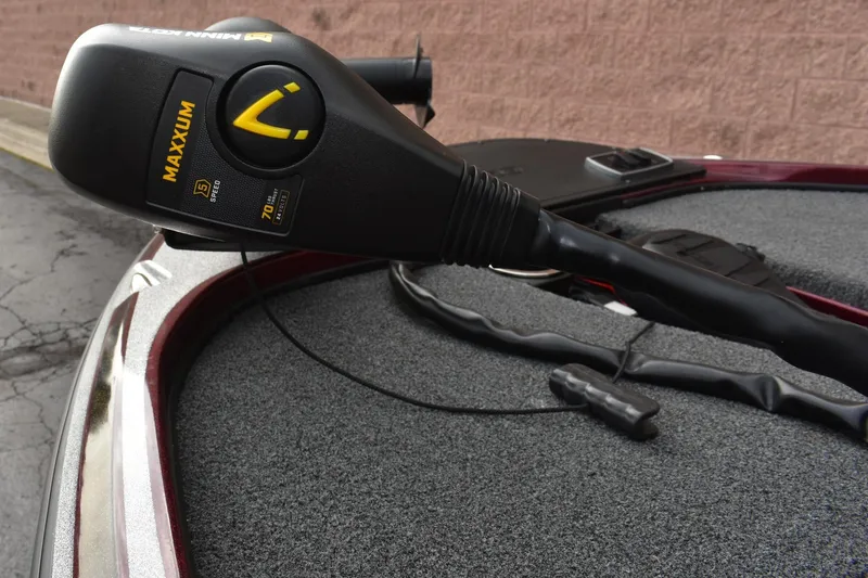 Slide: The Image of Close-up of a Minn Kota Maxxum trolling motor on a 2022 Nitro Z18 boat. - 6