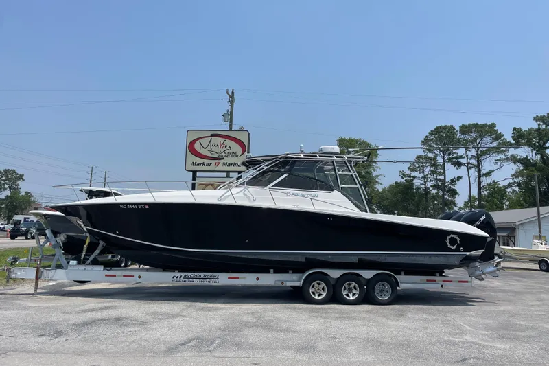 The Image of 2007 Fountain 38 Sportfish Cruiser OB on trailer at Marker 17 Marine. - 2