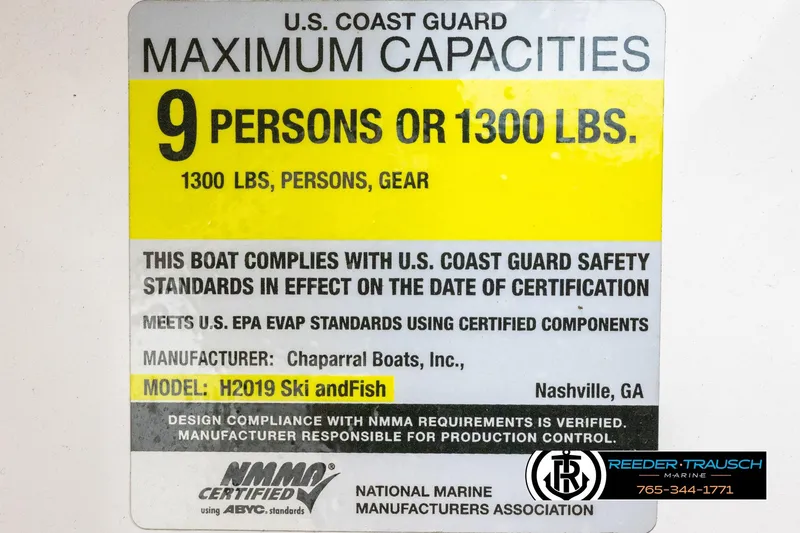Slide: The Image of 2015 Chaparral 19 H2O Ski & Fish capacity label, 9 persons or 1300 lbs. - 54