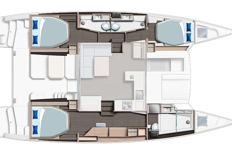 Slide: The Image of Floor plan of a 2021 Leopard 42 catamaran, featuring three bedrooms and two bathrooms. - 107