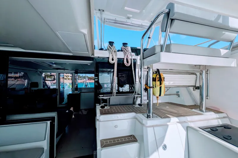 Slide: The Image of 2023 Leopard 42 yacht interior with modern seating and nautical equipment. - 38