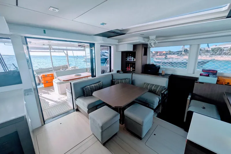 Slide: The Image of Luxurious interior of 2023 Leopard 42 catamaran with ocean view and modern furnishings. - 42