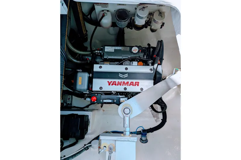 Slide: The Image of Engine compartment of 2023 Leopard 42 with Yanmar engine, showcasing mechanical components. - 93