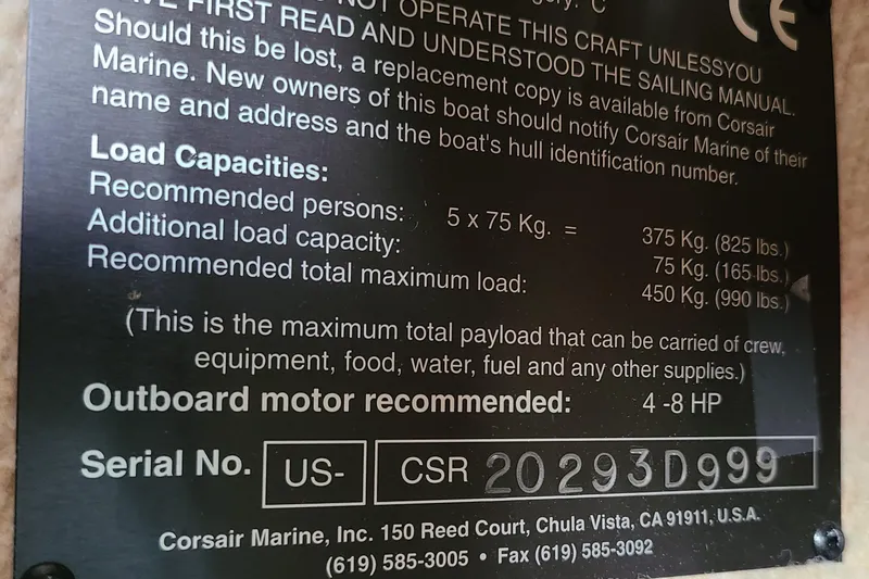 Slide: The Image of Plaque detailing load capacities and specifications for Corsair F-24 MKII #299, 1999 model. - 12
