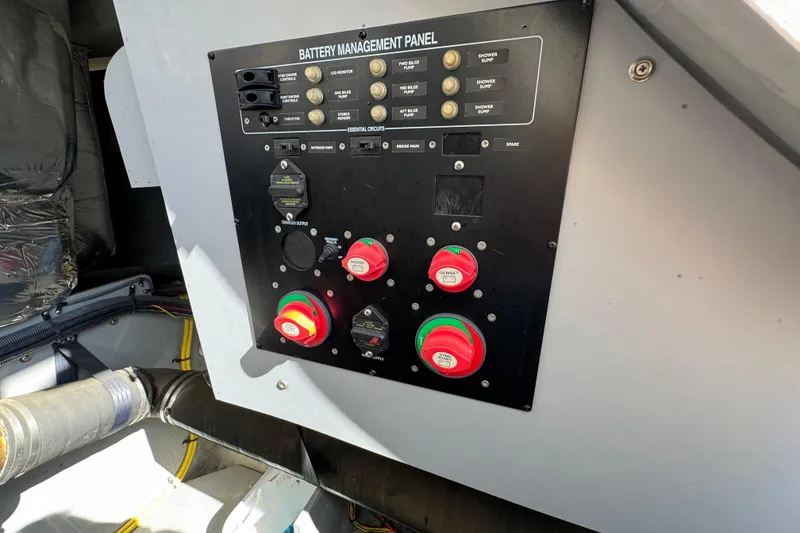 Slide: The Image of Battery management panel on a 2008 Meridian 391 Sedan boat. - 59