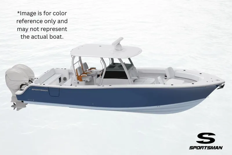 The Image of 2026 Sportsman Masters 267OE Bay Boat, blue and white, side view on water background. - 3