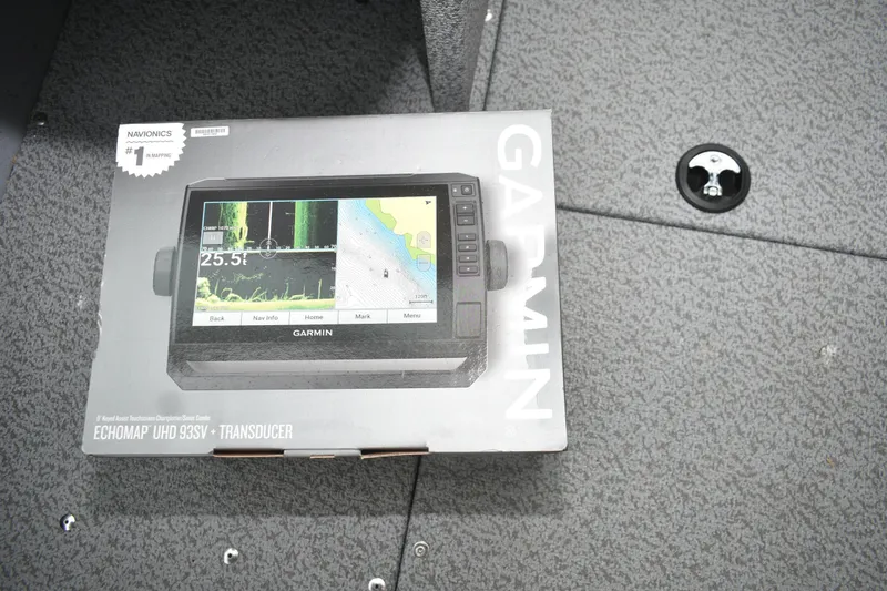 Slide: The Image of Garmin ECHOMAP UHD 93sv transducer box on 2024 Lund 1875 Alaskan Sport boat floor. - 13