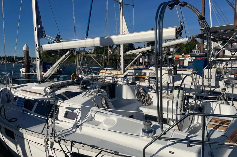 Slide: The Image of Sailboat docked at marina, 1994 Hunter Legend 37.5, sunny day, clear blue sky. - 5