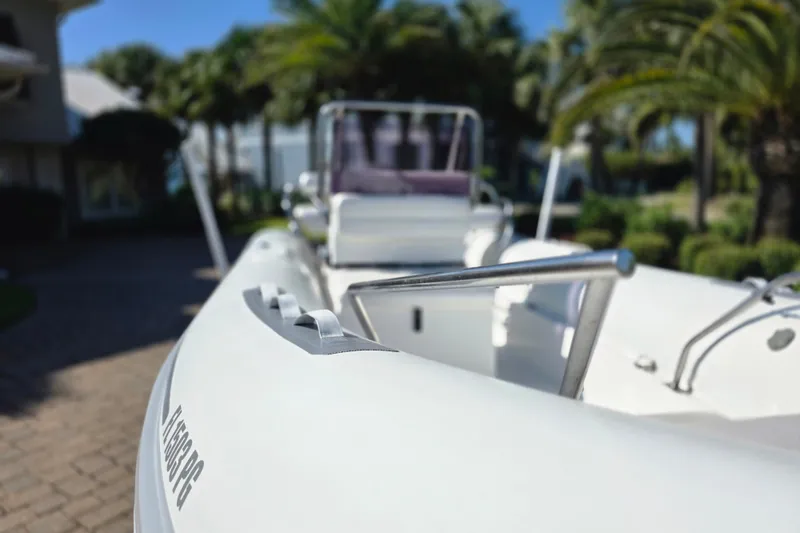 Slide: The Image of 2011 Novurania DL 550 boat on trailer, surrounded by palm trees. - 4