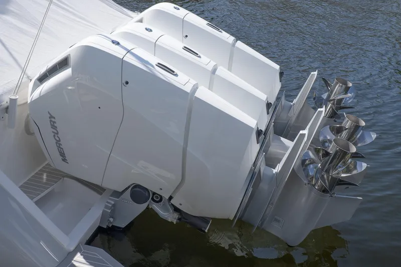 Slide: The Image of Triple Mercury outboard engines on a 2022 Intrepid 477 Evolution boat. - 5