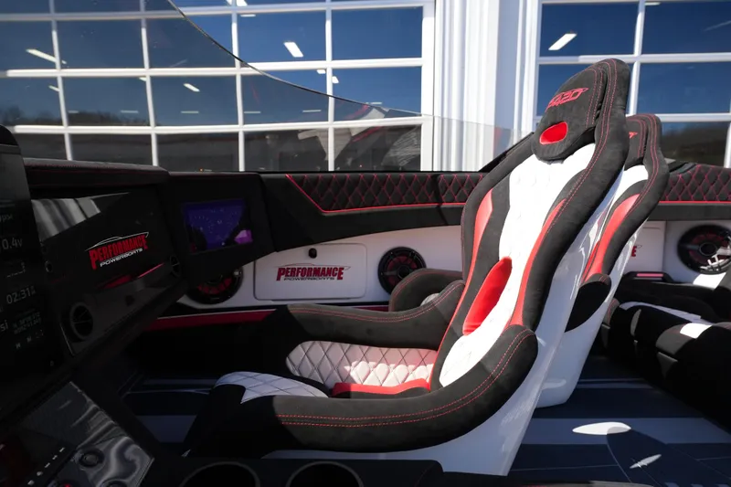 Slide: The Image of 2025 Performance Powerboats P420 cockpit with advanced navigation and luxurious seating. - 22