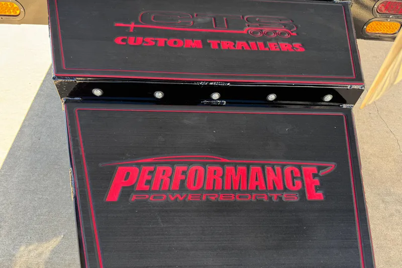 Slide: The Image of Performance Powerboats P420 2025 logo on custom trailer, black and red design. - 29