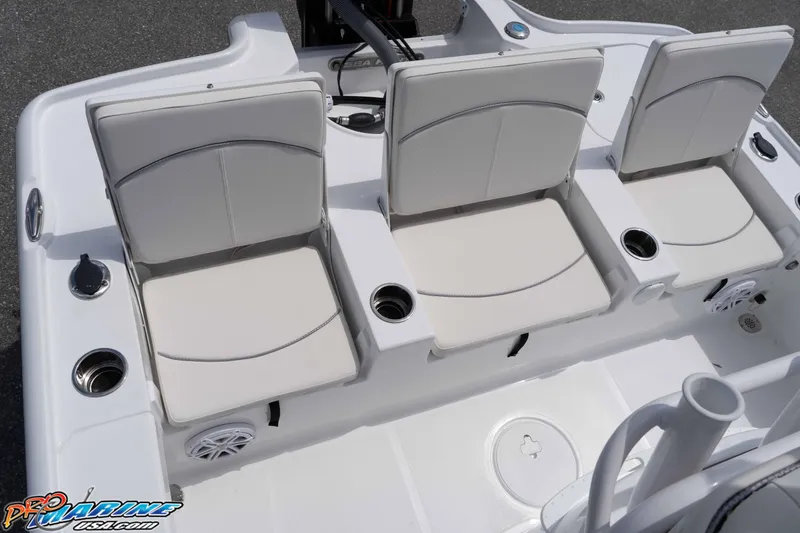 Slide: The Image of 2026 Sea Hunt BX 22 BR boat seating area with cup holders and speakers. - 40