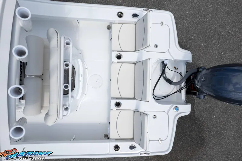 Slide: The Image of Overhead view of 2026 Sea Hunt BX 22 BR boat interior and engine. - 46