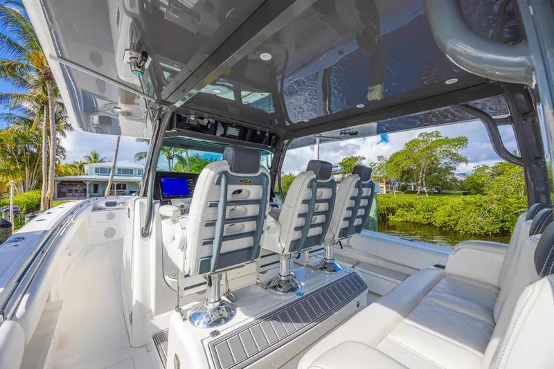 Slide: The Image of 2019 HCB 53 Sueños luxury boat interior with sleek seating and modern design. - 16