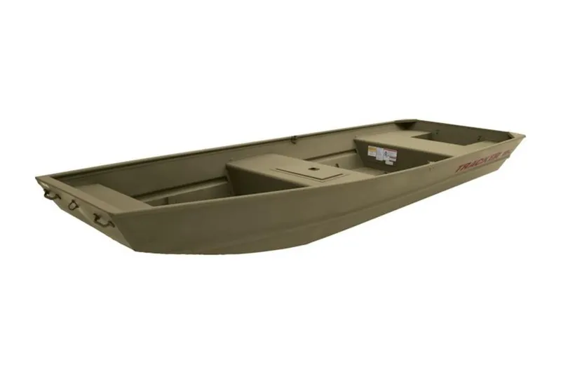 Slide: The Image of 2026 Tracker Grizzly 15 Jon boat, olive green, side view, minimalist design. - 3