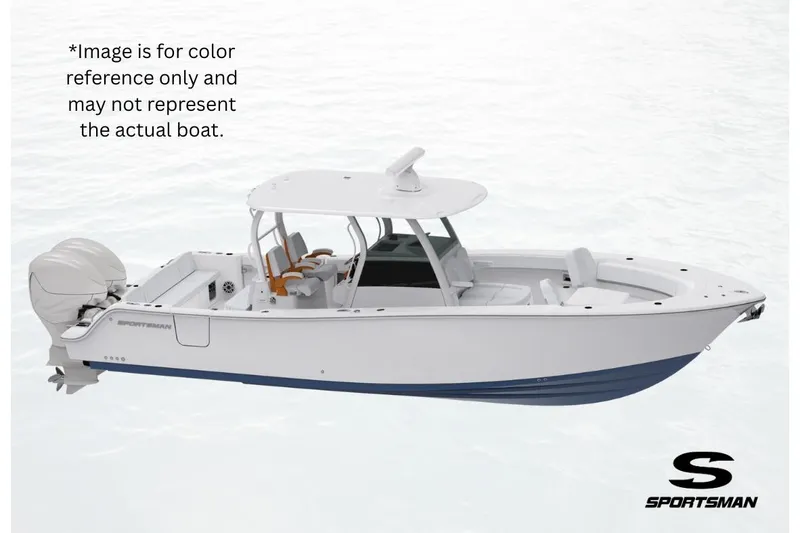 The Image of 2026 Sportsman Open 252 Center Console boat on water, side view, white and blue design. - 0